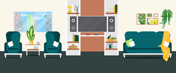 Vector Flat Illustration of Living Room Interior. Design of Cozy Lounge with Sofa, Armchairs, House Plants, Television, Wall Pictures and Window. Graphic Concept of Room with Furniture and Accessories