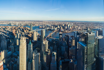 Elevated panorama view of the skyline of Manhattan in New York City looking to the North.