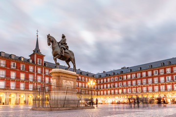 Madrid, Illuminated Plaza Mayor at dusk
