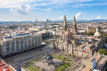 Aerial drone view of plaza of Guadalajara city mexico 