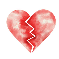 Red watercolor broken heart isolated at white background. Concept of hurt in love and break up.