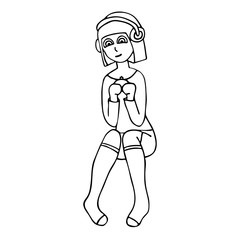 cute white girl gamer with a gamepad in hands and headphones. White background isolated outline vector illustration
