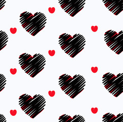 Drawing of red and black hearts, seamless background.