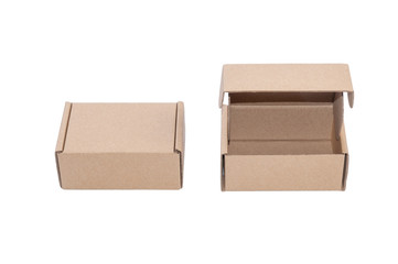 Two open and closed brown cardboard boxes isolated on white background