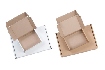 Two open brown and white cardboard boxes, isolated on white background