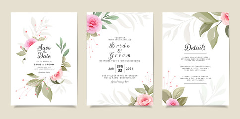 Set of card with flowers. Elegant invitation template set with floral frame. Roses and leaves botanic illustration for wedding card, background, save the date, greeting, poster, cover, event vector