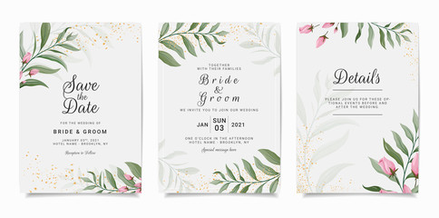 Set of card with flowers. Elegant invitation template set with floral decoration. Leaves botanic illustration for wedding card, background, save the date, greeting, poster, cover, event vector