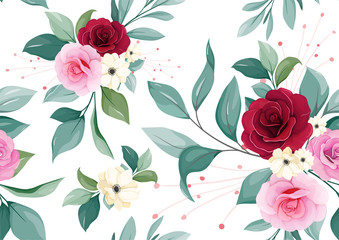 Floral seamless pattern of burgundy, blush, purple rose, white anemone flower, and leaves on white background vector
