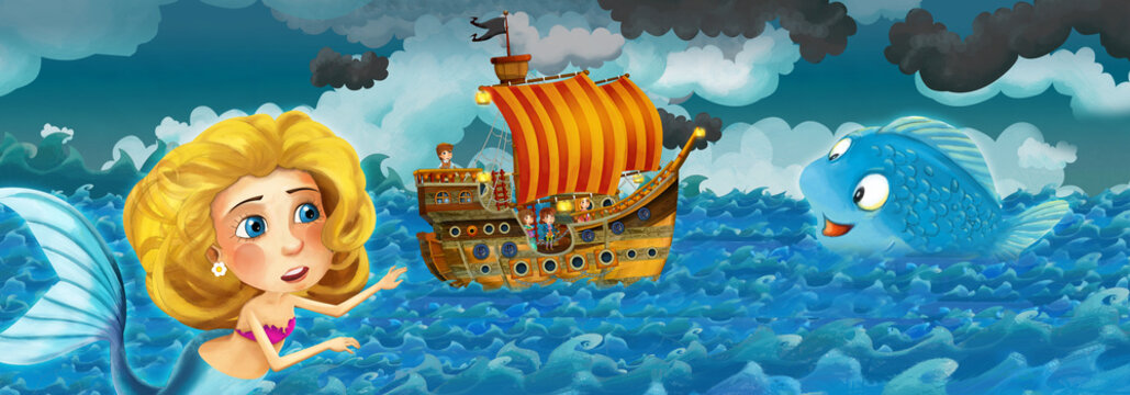 Cartoon scene with old ship sailing during storm with mermaid watching - illustration for the children