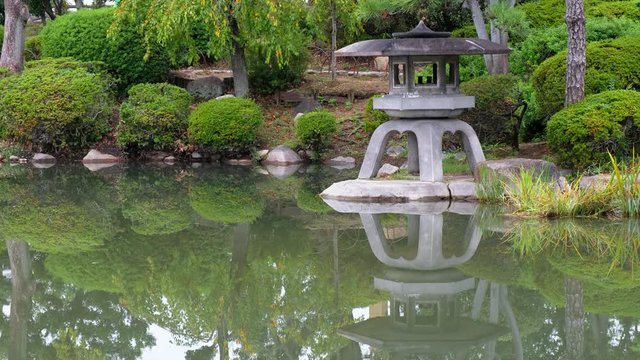 The Yukimi-doro stone  lantern in the garden of Osaka castle. Osaka. Japan