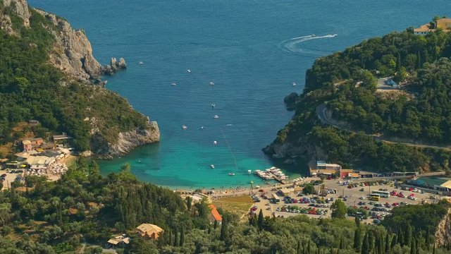 View from above on Paleokastritsa bay in a sunny day, Corfu island, Greece. ProRes 422HQ 10 Bit mov.