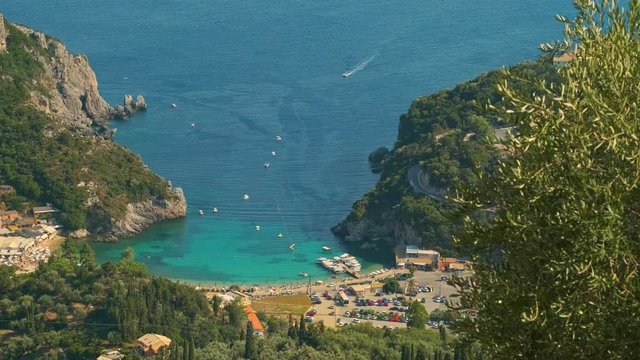 View from above on Paleokastritsa bay in a sunny day, Corfu island, Greece. ProRes 422HQ 10 Bit mov.