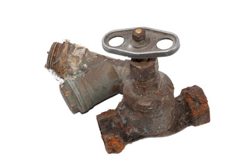 Old rusty water valve and dirt filter on a white background