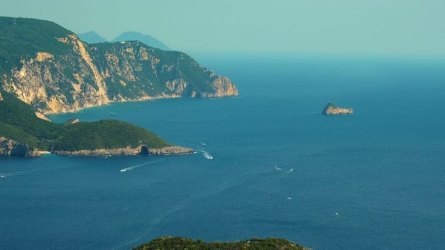 View from above on Paleokastritsa bay in a sunny day, Corfu island, Greece. ProRes 422HQ 10 Bit mov.