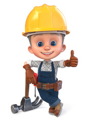 Obraz na płótnie Canvas 3D illustration funny boy in construction helmet and overalls/3D illustration Construction worker in overalls with a hammer and a screwdriver
