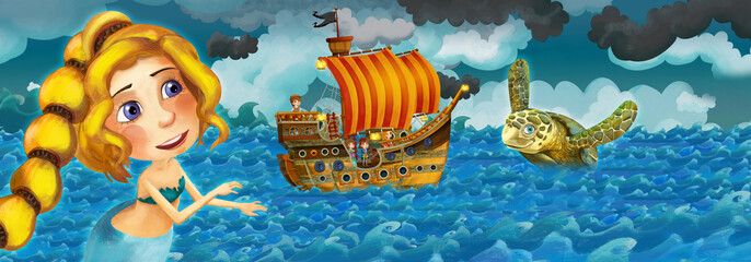 Naklejka premium Cartoon scene with old ship sailing during storm with mermaid watching - illustration for the children