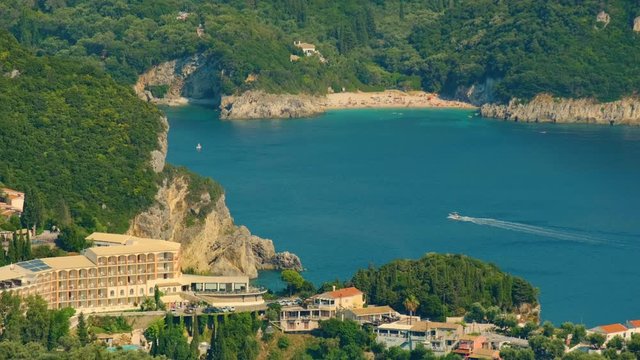 View from above on Paleokastritsa bay in a sunny day, Corfu island, Greece. ProRes 422HQ 10 Bit mov.