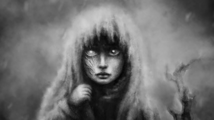 A girl with one eye stands in the gloom and looks frighteningly.