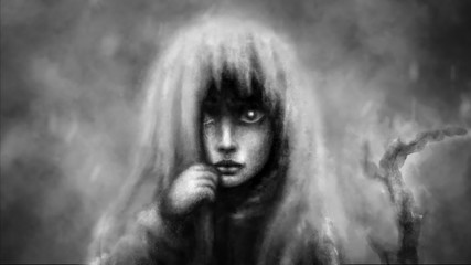 Fototapeta premium Little girl in hood covers her face.