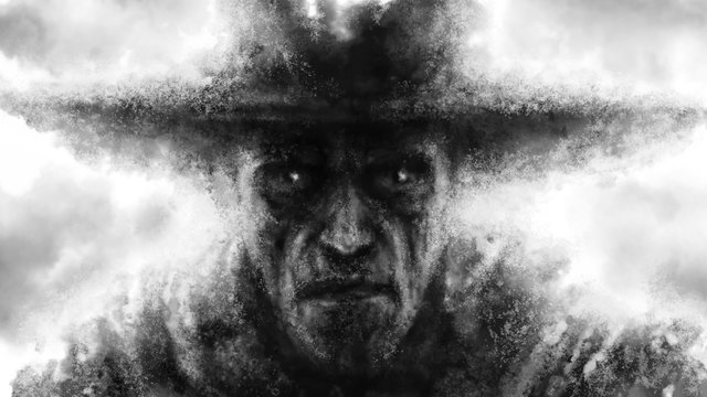 The frightening face of a man in a big hat.