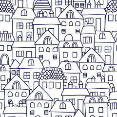 Obraz premium Cute cartoon pattern with houses. Vector city seamless pattern. Seamless vector background.