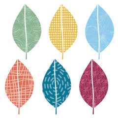 Vector Green Yellow Blue Orange Red Leaves Icon Set on White Background. Clip art for embellishing cards, newsletters, scrapbooking.