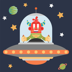 Cute red martian inside a fancy spaceship. Cartoon style. Vector illustration. Flat design style.