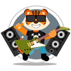 Cute tiger rockstar smiling holding green electric guitar. Cartoon style. Vector illustration. Flat design style.
