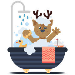 Funny deer taking a bath with a duck and boat toys. Cartoon style. Vector illustration. Flat design style.