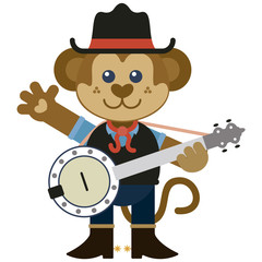 Funny monkey playing country music with a banjo. Cartoon style. Vector illustration. Flat design style.
