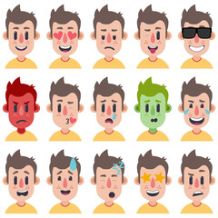 Funny set of boy emotions 01. Facial expressions. Cartoon style. Vector illustration. Flat design style.