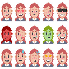 Funny set of girl emotions 01. Facial expressions. Cartoon style. Vector illustration. Flat design style.