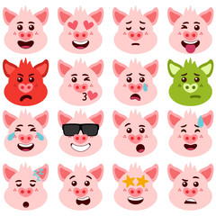 Funny set of pig emotions. Facial expressions. Cartoon style. Vector illustration. Flat design style.