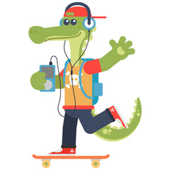 Happy crocodile on a skateboard listening rock music. Cartoon style. Vector illustration. Flat design style.