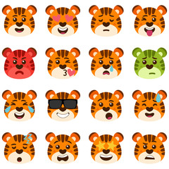 Funny set of tiger emotions. Facial expressions. Cartoon style. Vector illustration. Flat design style.