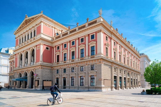 Wiener Musikverein, or Viennese Music Association on Karlsplatz square in Innere Stadt in Old city center in Vienna in Austria. Opera and Philharmonic orchestra house. Building architecture.