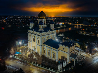 Ascension Cathedral at night, aerial view. Yelets, Lipetsk region Russia