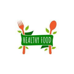 Healthy food logo template. Organic product label. Vector of spoon fork with ribbon for text place. Vegan and diet logo design