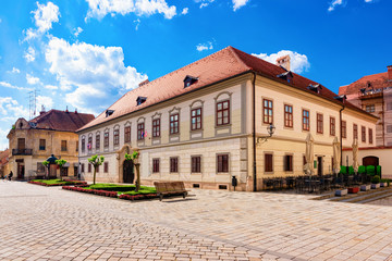 Street with Herzer palace with flags in Old city of Varazdin in Croatia. Panorama and Cityscape of famous Croatian town in Europe in summer. Travel and tourism for tourists.