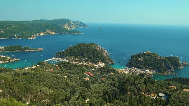 View from above on Paleokastritsa bay in a sunny day, Corfu island, Greece. ProRes 422HQ 10 Bit mov.
