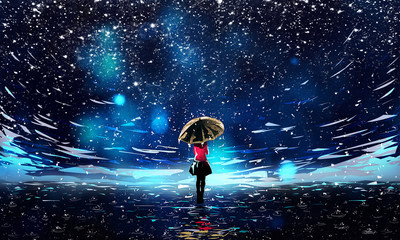 Naklejka premium Beautiful Night Sky with Falling Rain and Umbrella Girl Illustration