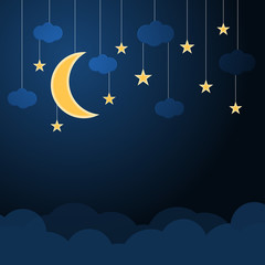 Naklejka premium Hanging moblies half moon and star with clouds on night blue sky vector background