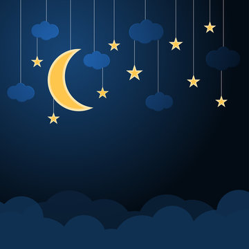 Hanging moblies half moon and star with clouds on night blue sky vector background