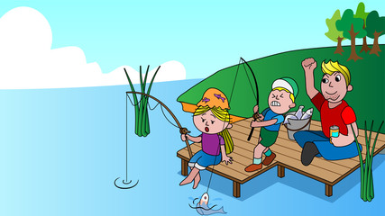 The cartoon illustration picture of the family having fun fishing in the park ( vector )