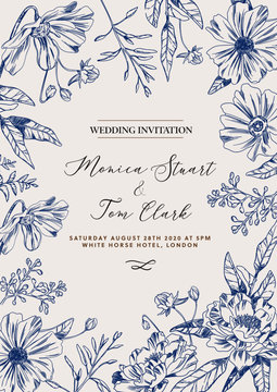 Wedding invitation. Vintage card with summer flowers and leaves. Sketchy botanical style