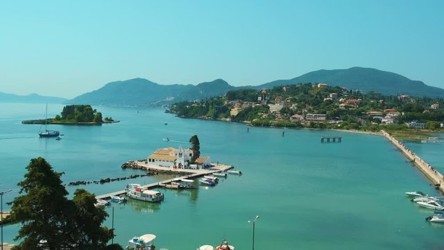 Vlacherna Monastery. Religious sight in Corfu, Ionian Islands, Greece. ProRes 422HQ 10 Bit mov. 