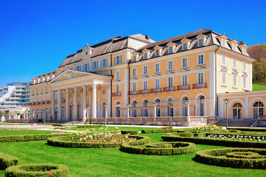 Garden and park in hotel building in Old city of Rogaska Slatina in Slovenia in South Styria. Travel in Europe Slovenian luxury spa resort. Summer view. Town destination. Cityscape and green landscape