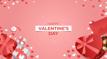 Valentine's Day Background with Chocolate Love Box, Gift, and Paper Hearts