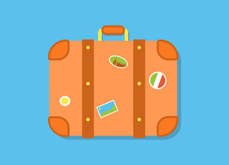 Retro suitcase with stickers from different countries, isolated. Vector illustration in flat style.