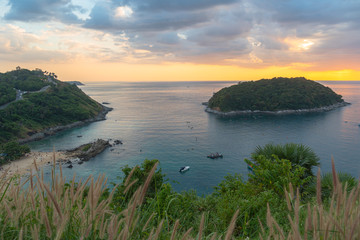 Man island in front of Promthep cape and wind turbine viewpoint. Promthep cape and wind turbine .viewpoint are popular place in Phuket .